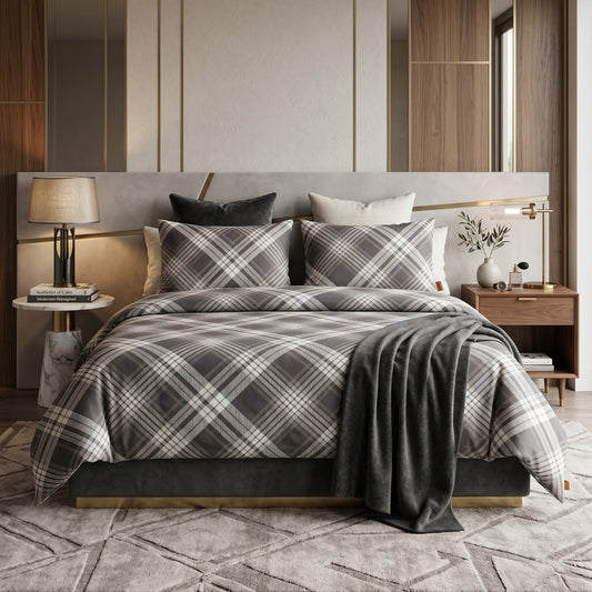 Luxury Diamond Hash Check Duvet Grey-Black Bedding Set